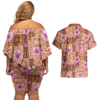 Orange Hawaii Hibiscus With Tropical Flowers Motifs Couples Matching Off Shoulder Short Dress and Hawaiian Shirt LT14 - Polynesian Pride