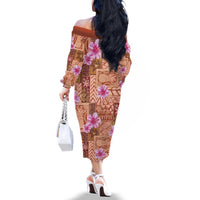 Orange Hawaii Hibiscus With Tropical Flowers Motifs Family Matching Off The Shoulder Long Sleeve Dress and Hawaiian Shirt - Polynesian Pride