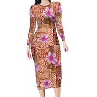 Orange Hawaii Hibiscus With Tropical Flowers Motifs Long Sleeve Bodycon Dress LT14 Long Dress Orange - Polynesian Pride