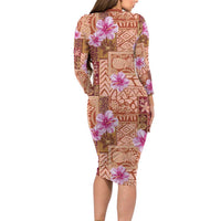 Orange Hawaii Hibiscus With Tropical Flowers Motifs Long Sleeve Bodycon Dress LT14 - Polynesian Pride