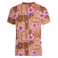 Orange Hawaii Hibiscus With Tropical Flowers Motifs Women V-Neck T-Shirt - Polynesian Pride