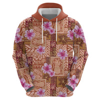 Orange Hawaii Hibiscus With Tropical Flowers Motifs Zip Hoodie - Polynesian Pride