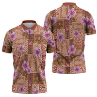 Orange Hawaii Hibiscus With Tropical Flowers Motifs Zipper Polo Shirt - Polynesian Pride