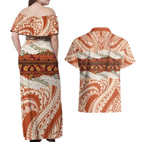 Aloha Hawaii Mikioi Lei Couples Matching Off Shoulder Maxi Dress and Hawaiian Shirt Beige Tropical Flower Pattern LT14 - Polynesian Pride