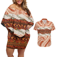 Aloha Hawaii Mikioi Lei Couples Matching Off Shoulder Short Dress and Hawaiian Shirt Beige Tropical Flower Pattern LT14 Beige - Polynesian Pride