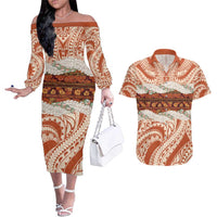 Aloha Hawaii Mikioi Lei Couples Matching Off The Shoulder Long Sleeve Dress and Hawaiian Shirt Beige Tropical Flower Pattern LT14 Beige - Polynesian Pride