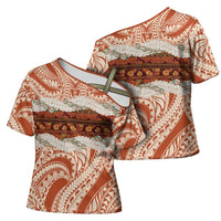 Aloha Hawaii Mikioi Lei Cross Shoulder Shirt Beige Tropical Flower Pattern - Polynesian Pride
