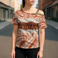 Aloha Hawaii Mikioi Lei Cross Shoulder Shirt Beige Tropical Flower Pattern - Polynesian Pride