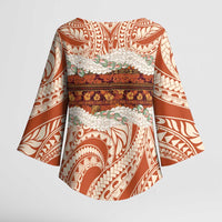 Aloha Hawaii Mikioi Lei Kimono Sleeve Blouse Beige Tropical Flower Pattern - Polynesian Pride