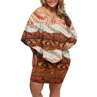 Aloha Hawaii Mikioi Lei Off Shoulder Short Dress Beige Tropical Flower Pattern LT14 Women Beige - Polynesian Pride