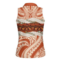 Aloha Hawaii Mikioi Lei Women Sleeveless Polo Shirt Beige Tropical Flower Pattern - Polynesian Pride