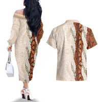 Aloha Hawaii Mikioi Lei Couples Matching Off The Shoulder Long Sleeve Dress and Hawaiian Shirt Cattail Red Tropical Flower Pattern LT14 - Polynesian Pride