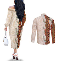 Aloha Hawaii Mikioi Lei Couples Matching Off The Shoulder Long Sleeve Dress and Long Sleeve Button Shirt Cattail Red Tropical Flower Pattern LT14 - Polynesian Pride