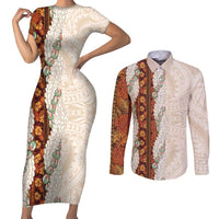 Aloha Hawaii Mikioi Lei Couples Matching Short Sleeve Bodycon Dress and Long Sleeve Button Shirt Cattail Red Tropical Flower Pattern LT14 Cattail Red - Polynesian Pride