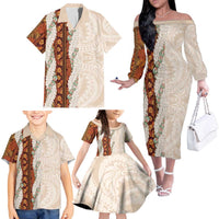 Aloha Hawaii Mikioi Lei Family Matching Off The Shoulder Long Sleeve Dress and Hawaiian Shirt Cattail Red Tropical Flower Pattern - Polynesian Pride