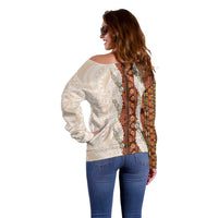 Aloha Hawaii Mikioi Lei Off Shoulder Sweater Cattail Red Tropical Flower Pattern - Polynesian Pride