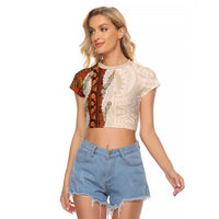 Aloha Hawaii Mikioi Lei Raglan Cropped T Shirt Cattail Red Tropical Flower Pattern - Polynesian Pride