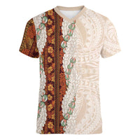 Aloha Hawaii Mikioi Lei Women V-Neck T-Shirt Cattail Red Tropical Flower Pattern - Polynesian Pride