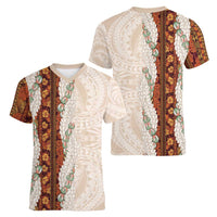 Aloha Hawaii Mikioi Lei Women V-Neck T-Shirt Cattail Red Tropical Flower Pattern - Polynesian Pride