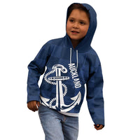New Zealand Auckland Football Custom Kid Hoodie Navy Blue City Anchor Sky Tower Symbol - Polynesian Pride