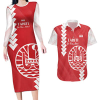 Custom Tahiti Football Couples Matching Long Sleeve Bodycon Dress and Hawaiian Shirt Go Toa Aito LT14 Red - Polynesian Pride
