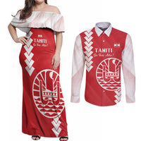 Custom Tahiti Football Couples Matching Off Shoulder Maxi Dress and Long Sleeve Button Shirt Go Toa Aito LT14 Red - Polynesian Pride