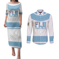 Custom Fiji Tapa Football Couples Matching Puletasi and Long Sleeve Button Shirt Go Bula Boy! LT14 White - Polynesian Pride