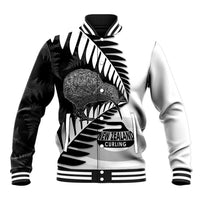 New Zealand Silver Fern Curling Personalised Baseball Jacket Aotearoa Kiwi Ponga Black White Version - Polynesian Pride