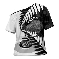 New Zealand Silver Fern Curling Personalised Cross Shoulder Shirt Aotearoa Kiwi Ponga Black White Version LT14 - Polynesian Pride