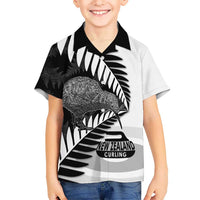 New Zealand Silver Fern Curling Personalised Family Matching Off The Shoulder Long Sleeve Dress and Hawaiian Shirt Aotearoa Kiwi Ponga Black White Version LT14 Son's Shirt Black - Polynesian Pride