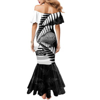 New Zealand Silver Fern Curling Personalised Mermaid Dress Aotearoa Kiwi Ponga Black White Version - Polynesian Pride