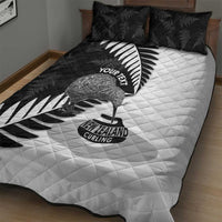 New Zealand Silver Fern Curling Personalised Quilt Bed Set Aotearoa Kiwi Ponga Black White Version - Polynesian Pride