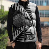 New Zealand Silver Fern Curling Personalised Sleeveless Puffer Jacket Aotearoa Kiwi Ponga Black White Version LT14 - Polynesian Pride