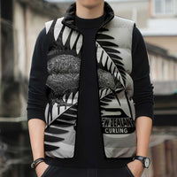 New Zealand Silver Fern Curling Personalised Sleeveless Puffer Jacket Aotearoa Kiwi Ponga Black White Version LT14 - Polynesian Pride