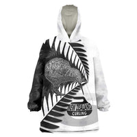 New Zealand Silver Fern Curling Personalised Wearable Blanket Hoodie Aotearoa Kiwi Ponga Black White Version - Polynesian Pride