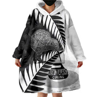 New Zealand Silver Fern Curling Personalised Wearable Blanket Hoodie Aotearoa Kiwi Ponga Black White Version - Polynesian Pride