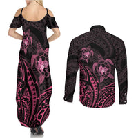 Pink Black Polynesia Floral Sea Turtle Couples Matching Summer Maxi Dress and Long Sleeve Button Shirt LT14 - Polynesian Pride