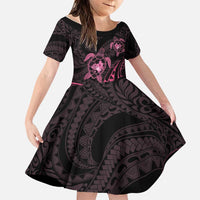 Pink Black Polynesia Floral Sea Turtle Family Matching Short Sleeve Bodycon Dress and Hawaiian Shirt LT14 Daughter's Dress Black - Polynesian Pride