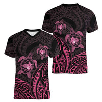 Pink Black Polynesia Floral Sea Turtle Women V-Neck T-Shirt LT14 - Polynesian Pride