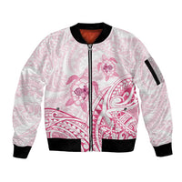 Pink White Polynesia Floral Sea Turtle Sleeve Zip Bomber Jacket - Polynesian Pride