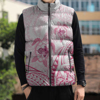 Pink White Polynesia Floral Sea Turtle Sleeveless Puffer Jacket - Polynesian Pride