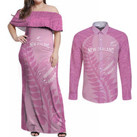 Custom New Zealand Silver Fern Rugby 2025 Couples Matching Off Shoulder Maxi Dress and Long Sleeve Button Shirt All Black Aotearoa Maori Pink
