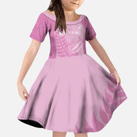Custom New Zealand Silver Fern Rugby 2025 Family Matching Off The Shoulder Long Sleeve Dress and Hawaiian Shirt All Black Aotearoa Maori Pink LT14 Daughter's Dress Pink - Polynesian Pride