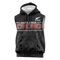 Custom New Zealand Silver Fern Rugby Sleeveless Zip Hoodie All Black Maori Taniko Pattern LT14 Black - Polynesian Pride