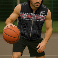 Custom New Zealand Silver Fern Rugby Sleeveless Zip Hoodie All Black Maori Taniko Pattern - Polynesian Pride