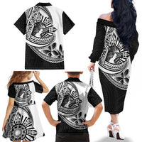 Philippines Eagle Sun Family Matching Off The Shoulder Long Sleeve Dress and Hawaiian Shirt Filipino Agila Polynesian Tattoo Black Color LT14 - Polynesian Pride