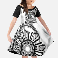 Philippines Eagle Sun Family Matching Off Shoulder Short Dress and Hawaiian Shirt Filipino Agila Polynesian Tattoo Black Color