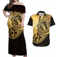 Philippines Eagle Sun Couples Matching Off Shoulder Maxi Dress and Hawaiian Shirt Filipino Agila Polynesian Tattoo Gold Color LT14 Gold - Polynesian Pride