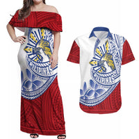 Philippines Eagle Sun Couples Matching Off Shoulder Maxi Dress and Hawaiian Shirt Filipino Agila Polynesian Tattoo Flag Color LT14 Red - Polynesian Pride