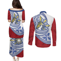 Philippines Eagle Sun Couples Matching Puletasi and Long Sleeve Button Shirt Filipino Agila Polynesian Tattoo Flag Color LT14 - Polynesian Pride